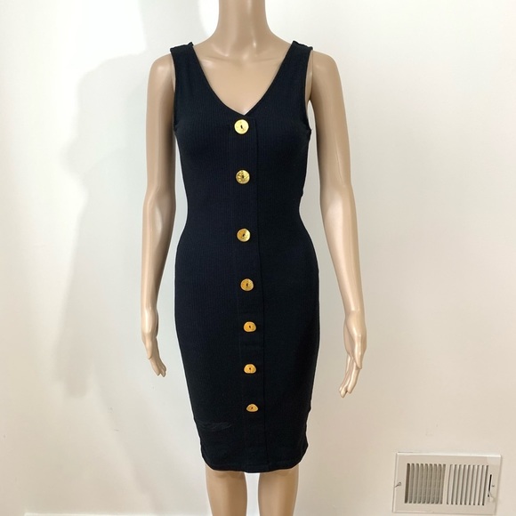 LAST ONE AVAILABLE - New Women Black Gold Ribbed Vneck Bodycon Dress Size Small - Picture 3 of 11